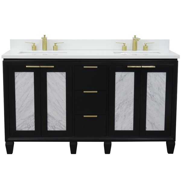 61" Double Sink Vanity in Black Finish With White Quartz and Rectangle Sink
