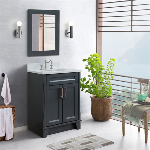 25″ Single Sink Vanity in Dark Gray Finish with White Quartz and Rectangle Sink