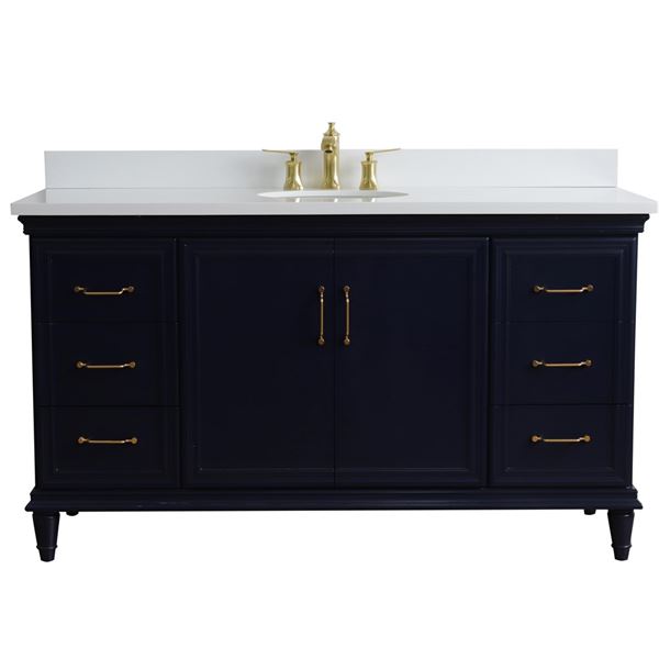 61" Single sink vanity in Blue finish and White quartz and oval sink