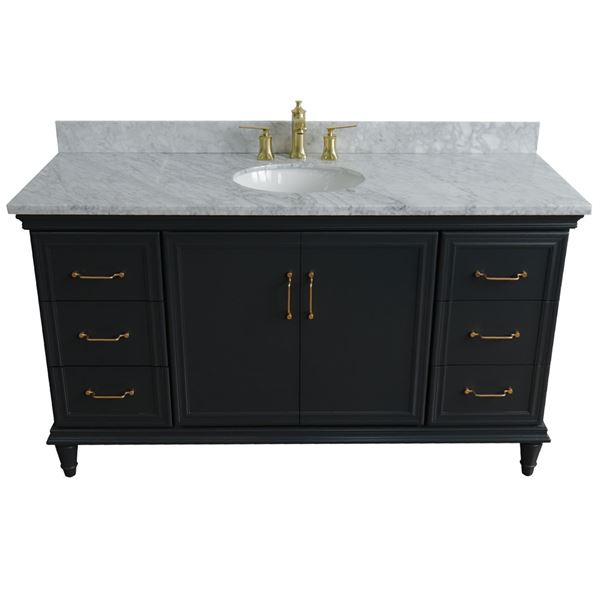 61" Single sink vanity in Dark Gray finish and White carrara marble and oval sink
