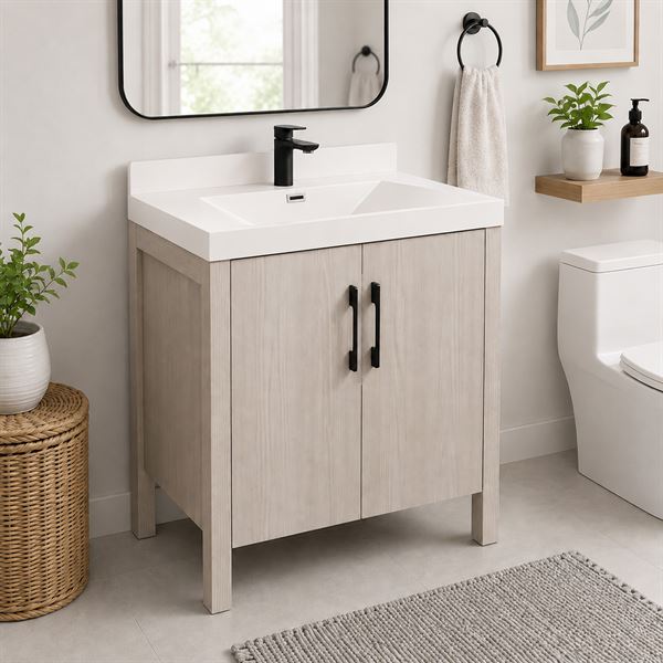 31.5" Single Sink Vanity In Light Gray Finish with White Composite Granite Top