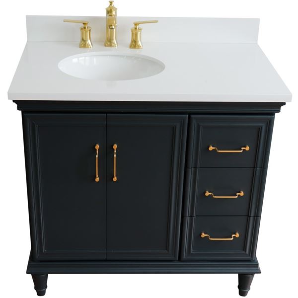 37" Single vanity in Dark Gray finish with White quartz and oval sink- Left door/Left sink