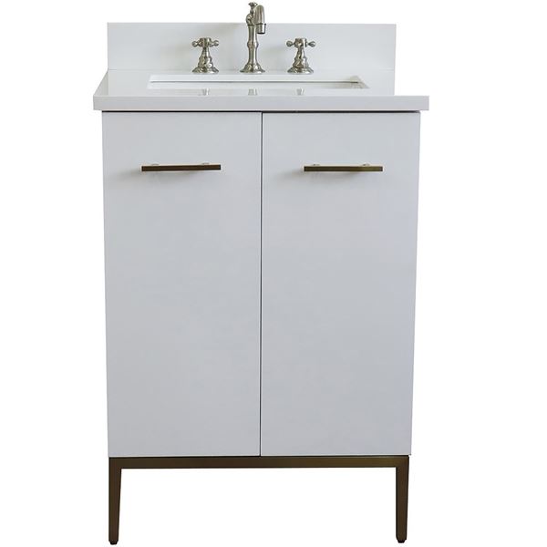 25" Single Sink Vanity in White Finish With White Quartz and Rectangle Sink