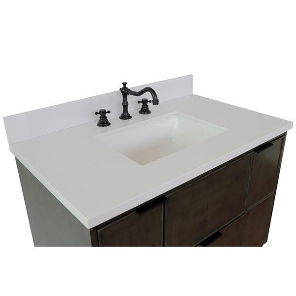 37" Single Wall Mount Vanity in Linen Gray Finish With White Quartz Top and Rectangle Sink