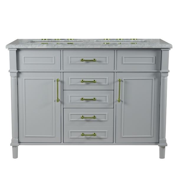 Napa 48 in. Double Vanity in Light Gray with White Carrara Marble Top with Gold Hardware