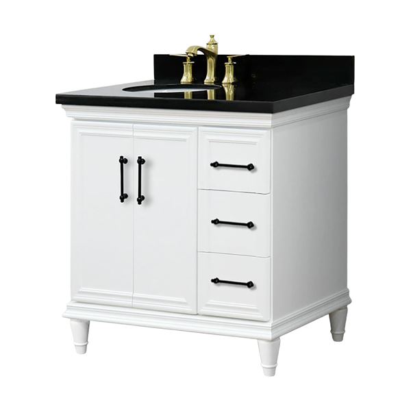 37" Single Vanity in White Finish with Black Galaxy and Oval Sink- Left Door/Left Sink