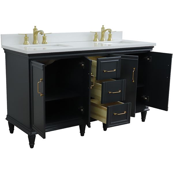 61" Double Sink Vanity in Dark Gray Finish and White Quartz and Rectangle Sink