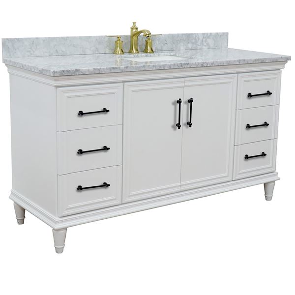 61" Single Vanity in White Finish with White Carrara and Rectangle Sink