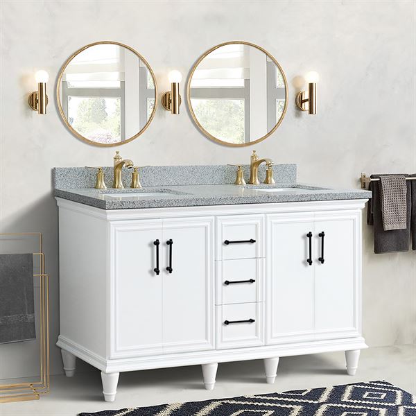 61″ Double Sink Vanity in White Finish and Gray Granite and Rectangle Sinks
