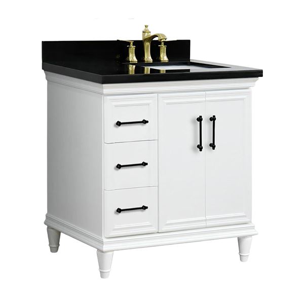 37" Single Vanity in White Finish with Black Galaxy and Rectangle Sink- Right Door/Right Sink
