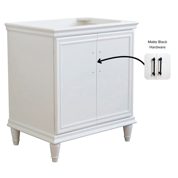 30" Single Vanity in White Finish- Cabinet Only- Black Handles
