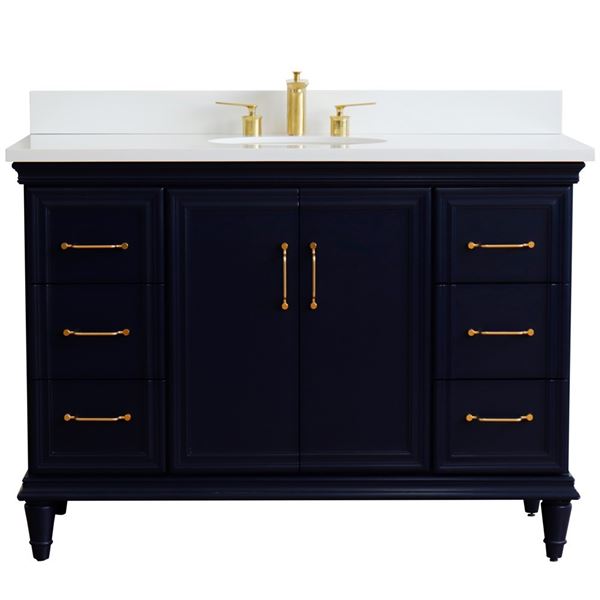 49" Single sink vanity in Blue finish with White quartz and and oval sink