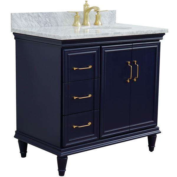 37" Single vanity in Blue finish with White Carrara and oval sink- Right door/Right sink