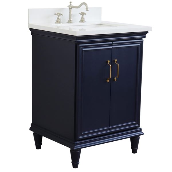 25" Single Vanity in Blue Finish With White Quartz and Rectangle Sink