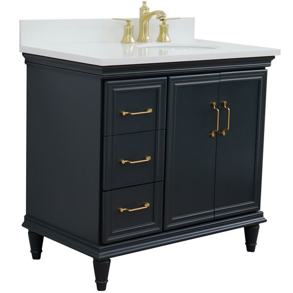 37" Single vanity in Dark Gray finish with White quartz and oval sink- Right door/Right sink