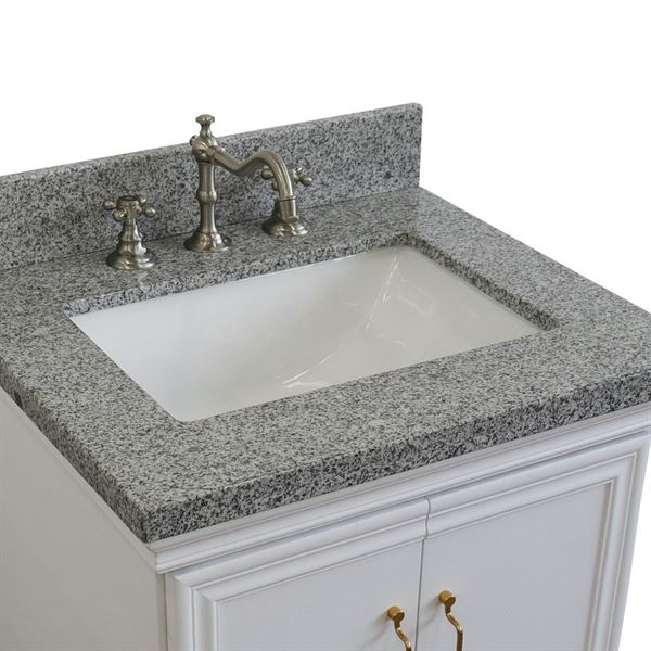 25" Single vanity in White finish with Gray granite and rectangle sink