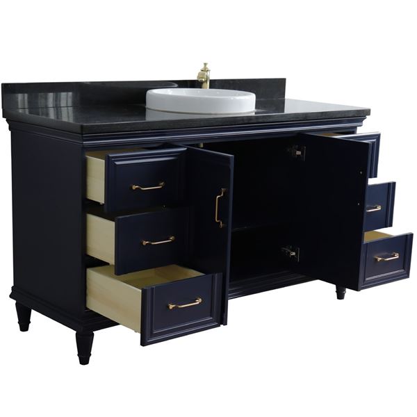 61" Single sink vanity in Blue finish and Black galaxy granite and round sink