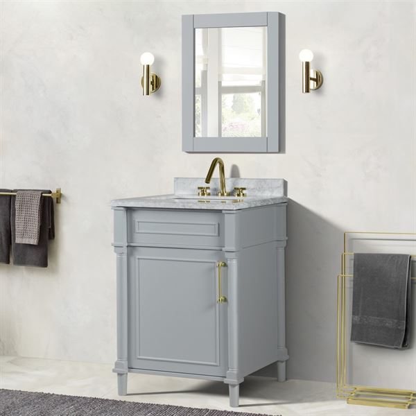 Napa 24 in. Single Vanity in Light Gray with White Carrara Marble Top with Gold Hardware