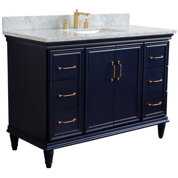 49" Single sink vanity in Blue finish with White carrara marble and rectangle sink