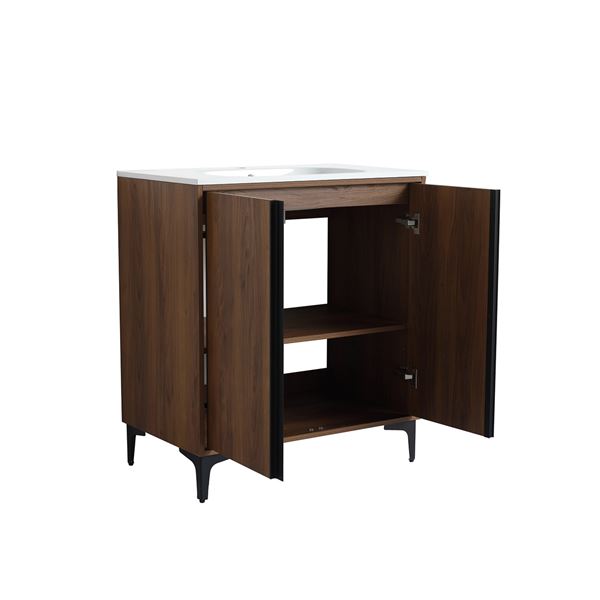 30 in. Single Vanity in Brown Walnut finish with Solid Surface Resin White Sink