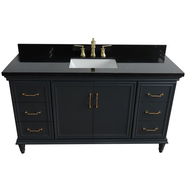 61" Single sink vanity in Dark Gray finish and Black galaxy granite and rectangle sink