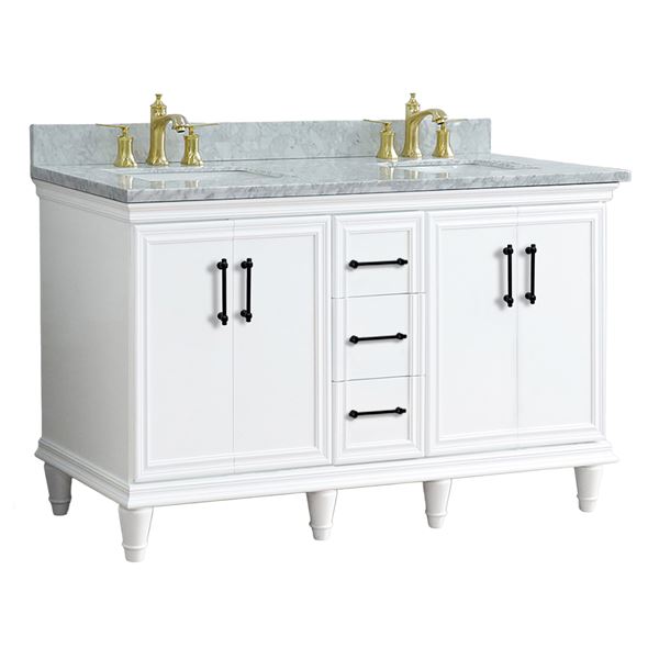 61" Double Sink Vanity in White Finish and White Carrara Marble and Rectangle Sinks