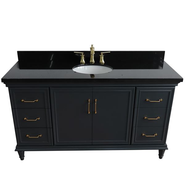 61" Single sink vanity in Dark Gray finish and Black galaxy granite and oval sink