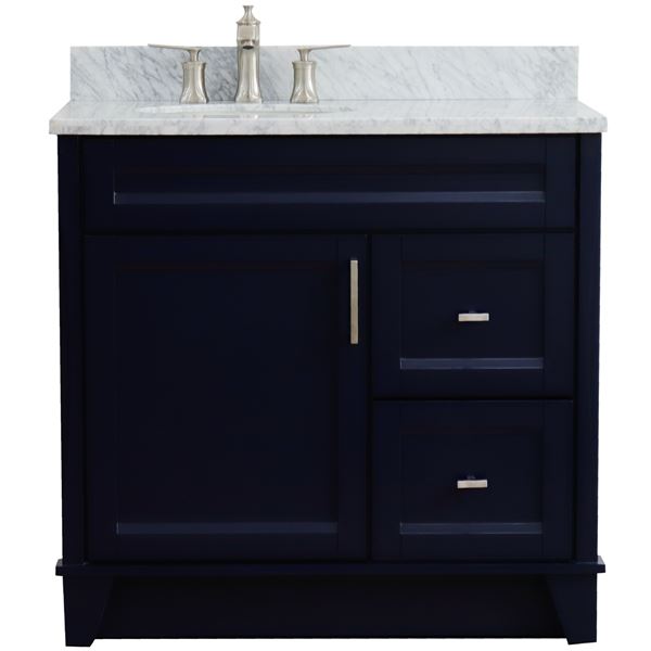 37" Single vanity in Blue finish with White Carrara and oval sink- Left door/Left sink