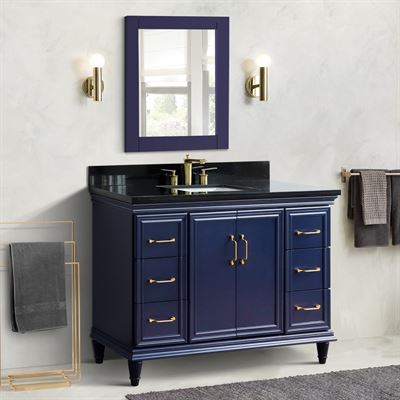 49" Single sink vanity in Blue finish with Black galaxy granite and rectangle sink