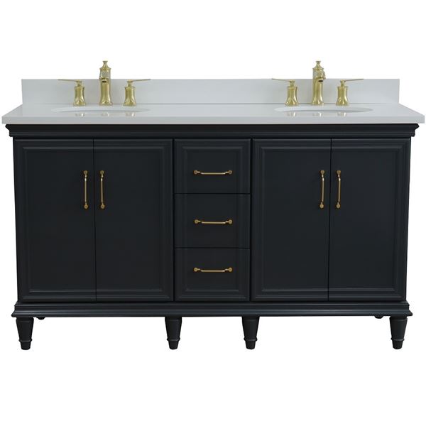 61" Double sink vanity in Dark Gray finish and White quartz and oval sink