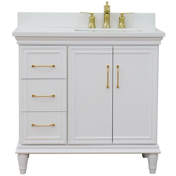 37" Single vanity in White finish with White quartz and rectangle sink- Right door/Right sink