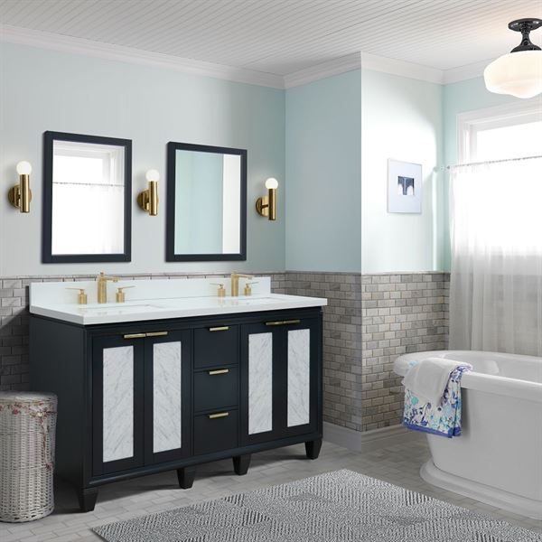 61" Double Sink Vanity in Dark Gray Finish With White Quartz and Rectangle Sink