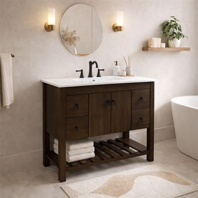 40 in. Single Sink Vanity Rustic Wood Finish with White Ceramic Sink Top