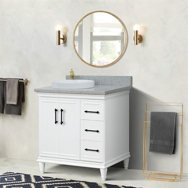 37" Single Vanity in White Finish with Gray Granite and Round Sink- Left Door/Left Sink