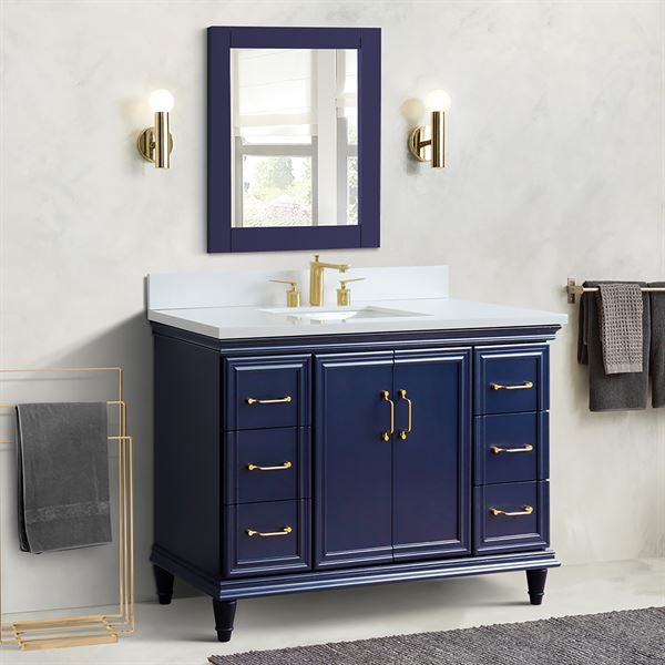 49″ Single Sink Vanity in Blue Finish with White Quartz and Rectangle Sink