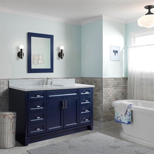 61" Single sink vanity in Blue finish and Gray granite and oval sink