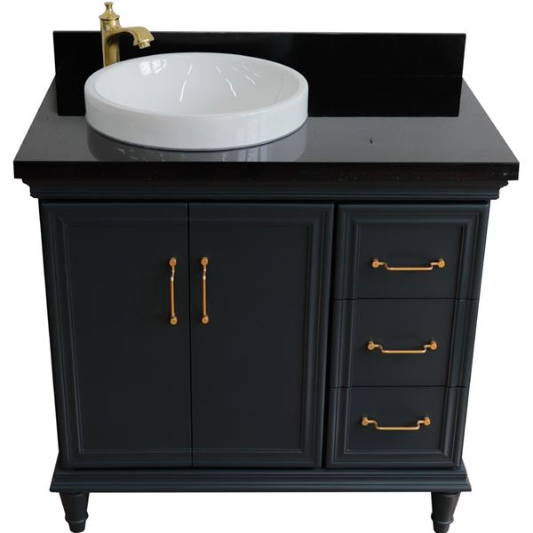 37" Single vanity in Dark Gray finish with Black galaxy and round sink- Left door/Left sink
