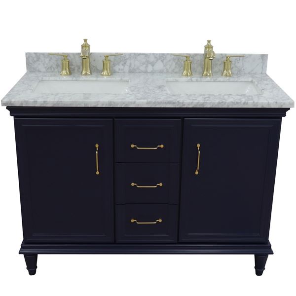 49" Double vanity in Blue finish with White Carrara and rectangle sink