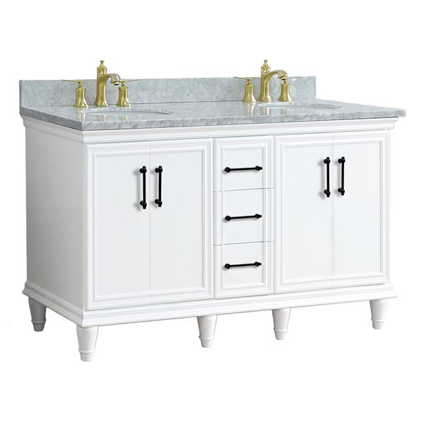 61" Double Sink Vanity in White Finish and White Carrara Marble and Oval Sinks