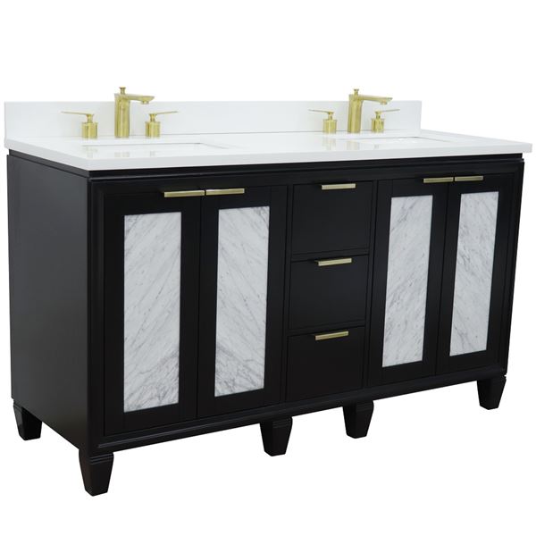 61" Double Sink Vanity in Black Finish With White Quartz and Rectangle Sink