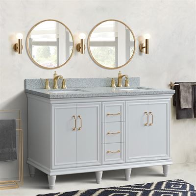 61" Double sink vanity in White finish and Gray granite and rectangle sink