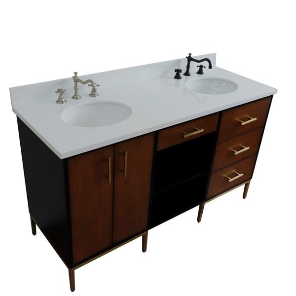 61" Double Sink Vanity in Walnut and Black Finish and White Quartz and Oval Sink