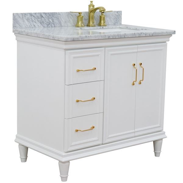 37" Single vanity in White finish with White Carrara and rectangle sink- Right door/Right sink
