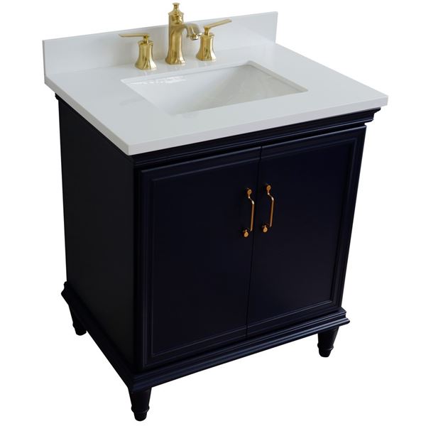 31" Single vanity in Blue finish with White quartz and rectangle sink