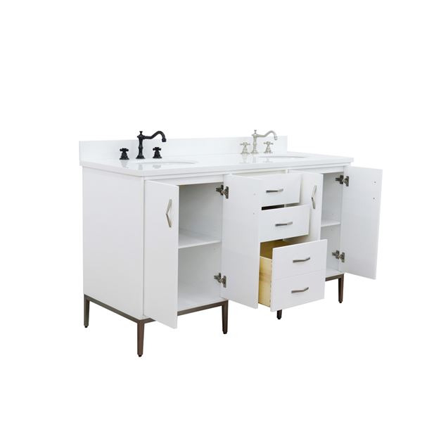 61" Double Sink Vanity in White Finish With White Quartz and Oval Sink