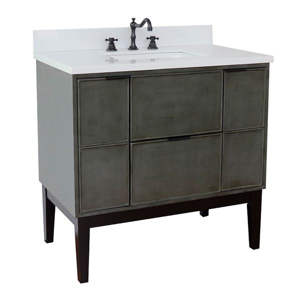 37" Single Vanity in Linen Gray Finish With White Quartz Top and Rectangle Sink