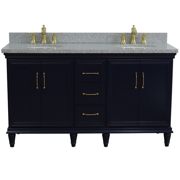 61" Double sink vanity in Blue finish and Gray granite and oval sink