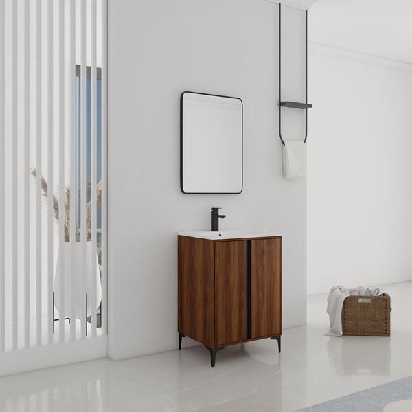 24 in. Single Vanity in Brown Walnut finish with Solid Surface Resin White Sink