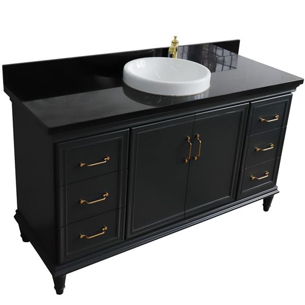 61" Single sink vanity in Dark Gray finish and Black galaxy granite and round sink