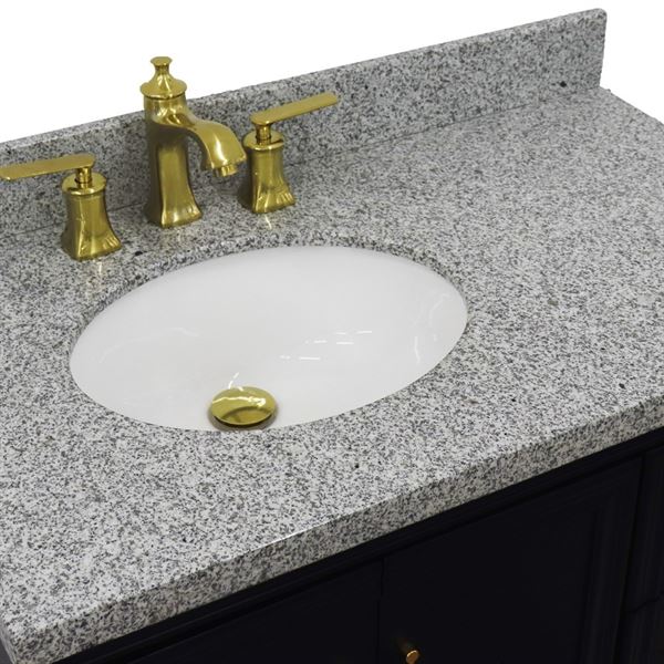 37" Single vanity in Blue finish with Gray granite and oval sink- Left door/Left sink